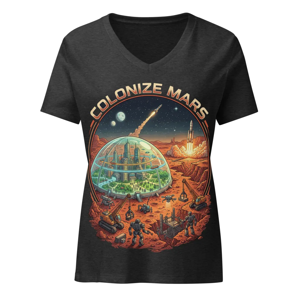 Colonize Mars Women's Tee: Robots, Dome & Rockets on a Heather Navy women's relaxed v-neck t-shirt