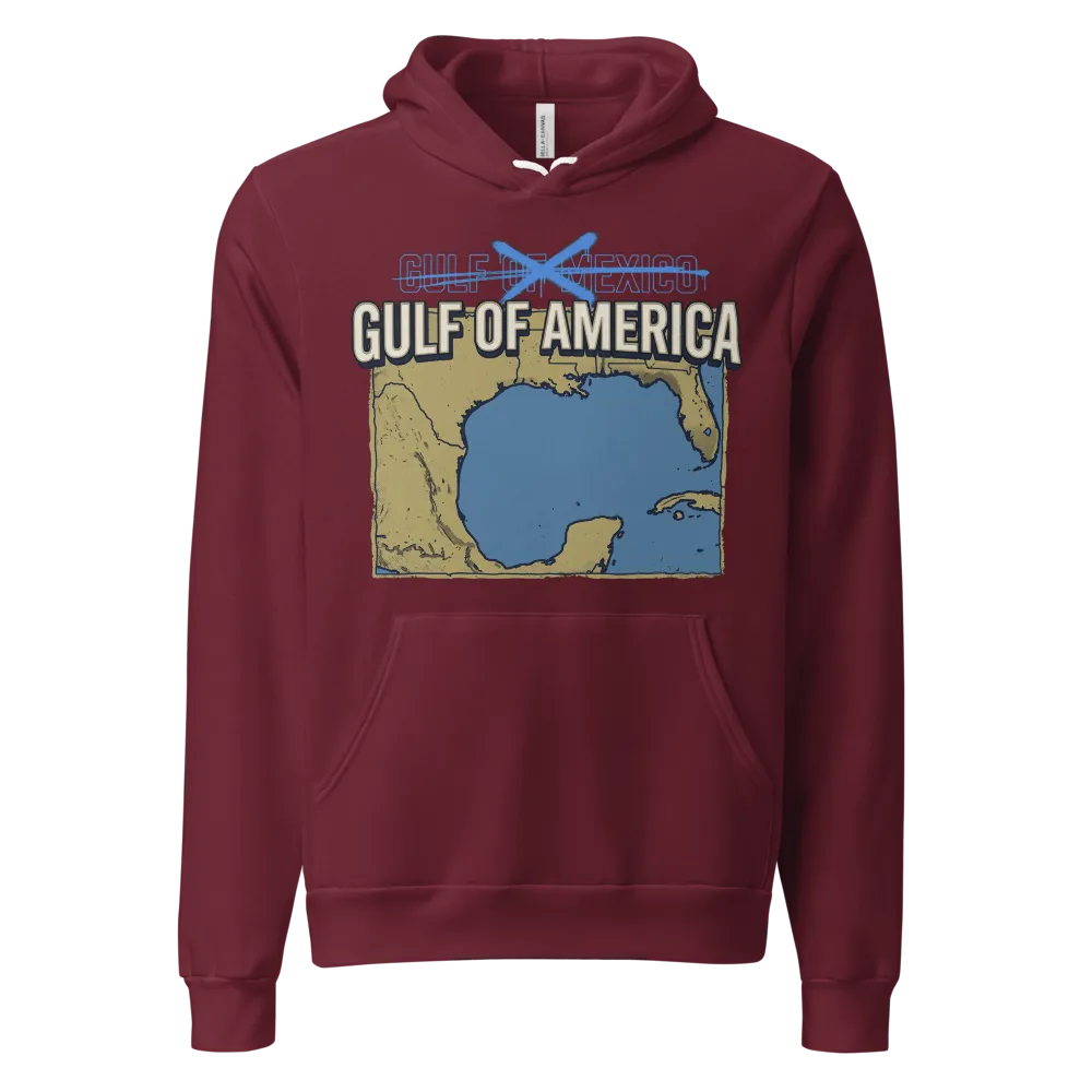 Gulf of America Hoodie (Red, Maroon) on a Maroon unisex pullover hoodie
