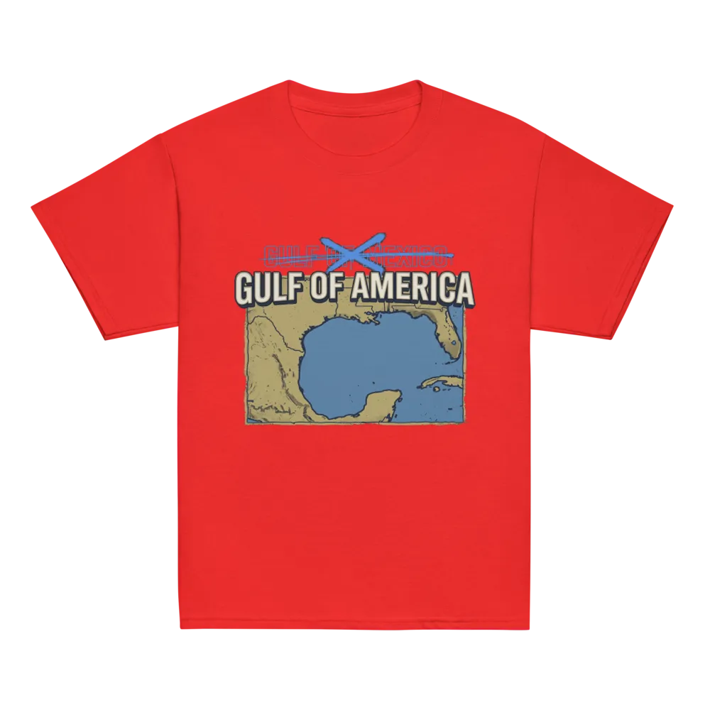 Gulf of America Kids Tee (Red, Maroon) on a Red youth classic tee