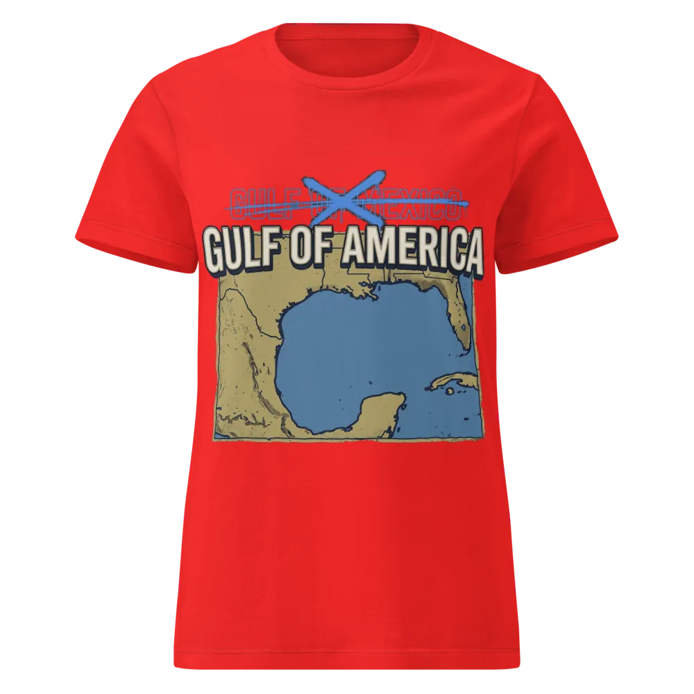 Gulf of America Women's Tee (Red, Maroon) on a Red women's basic softstyle t-shirt