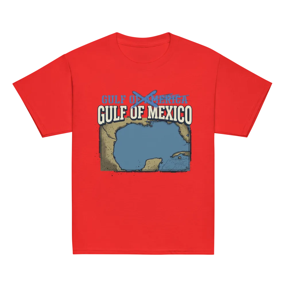 Gulf of Mexico Kids Tee (Red, Maroon) on a Red youth classic tee