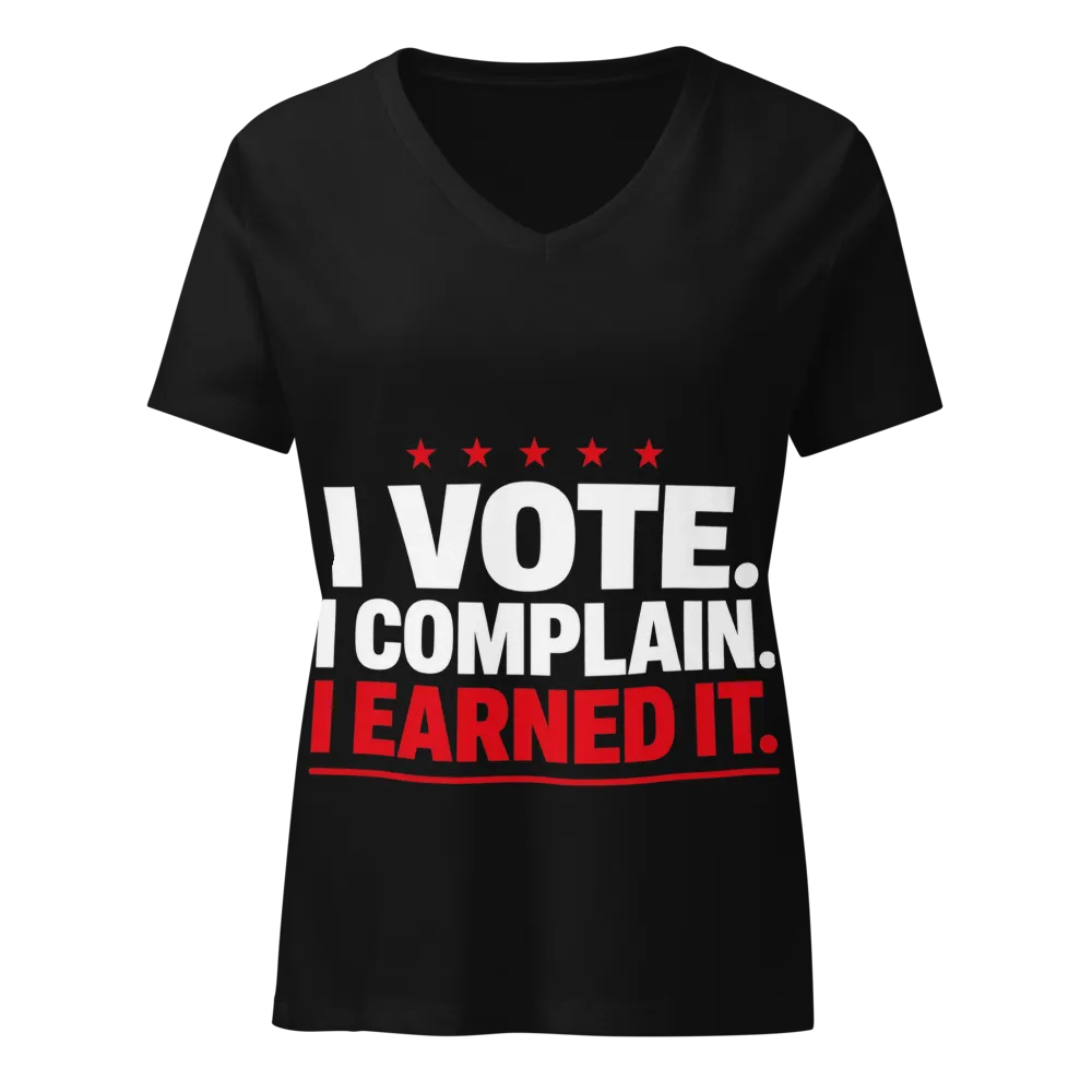 I Vote. I Complain. I Earned It. Women's Tee on a Solid Black Blend women's relaxed v-neck t-shirt