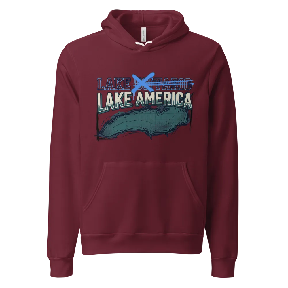 Lake America Hoodie (Maroon) on a Maroon unisex pullover hoodie