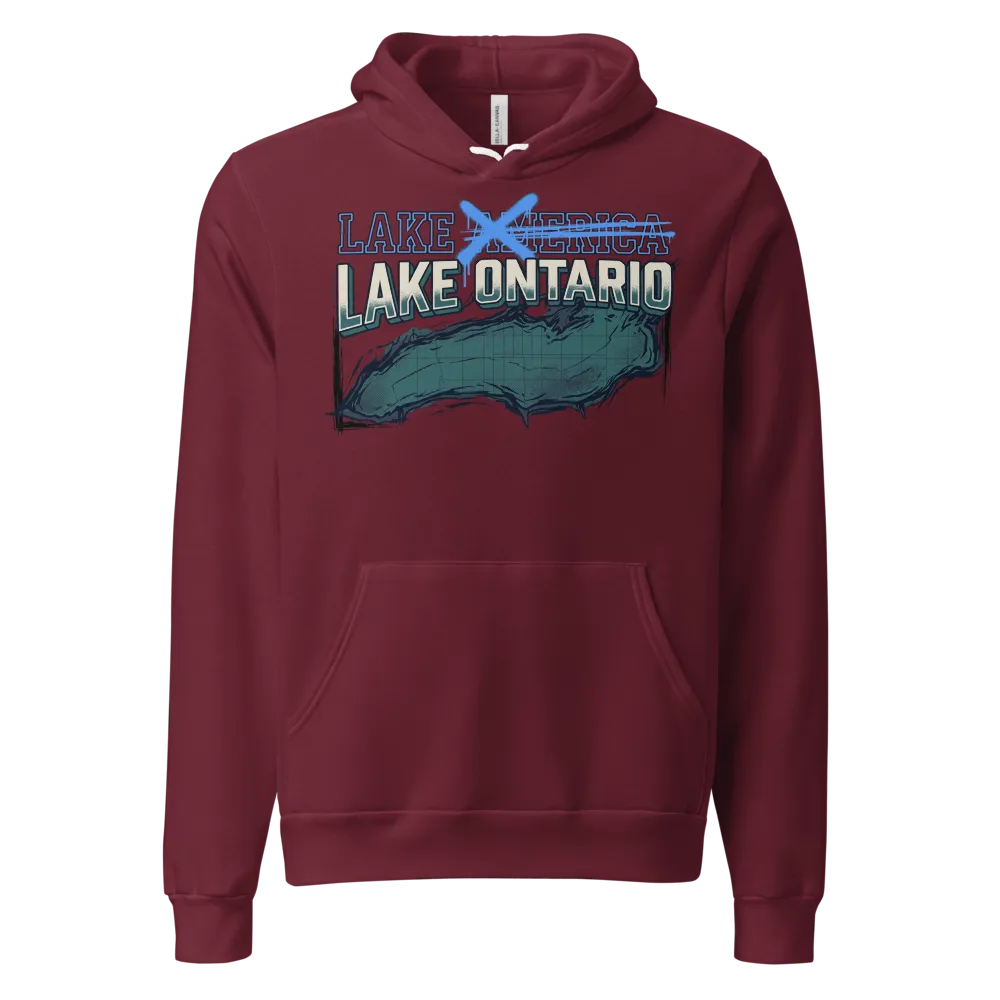 Lake Ontario Hoodie (Red, Maroon) on a Maroon unisex pullover hoodie