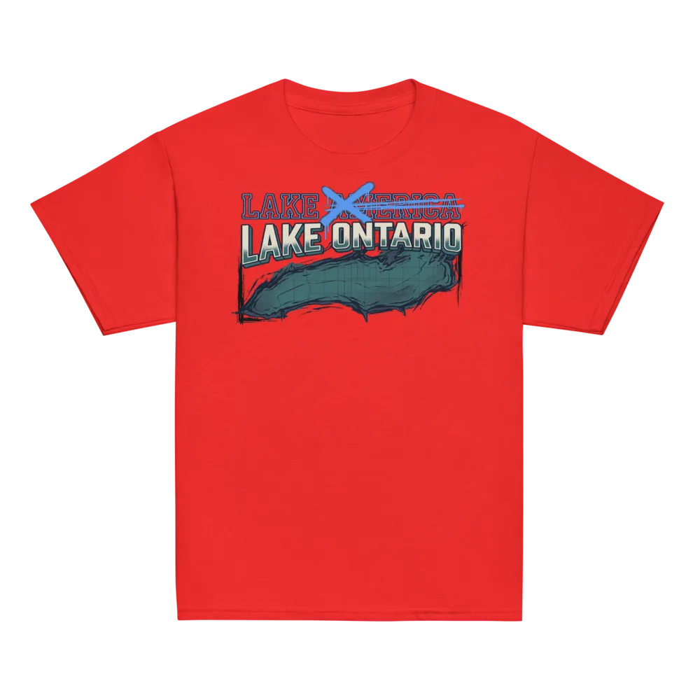 Lake Ontario Kids Tee (Red, Maroon) on a Red youth classic tee