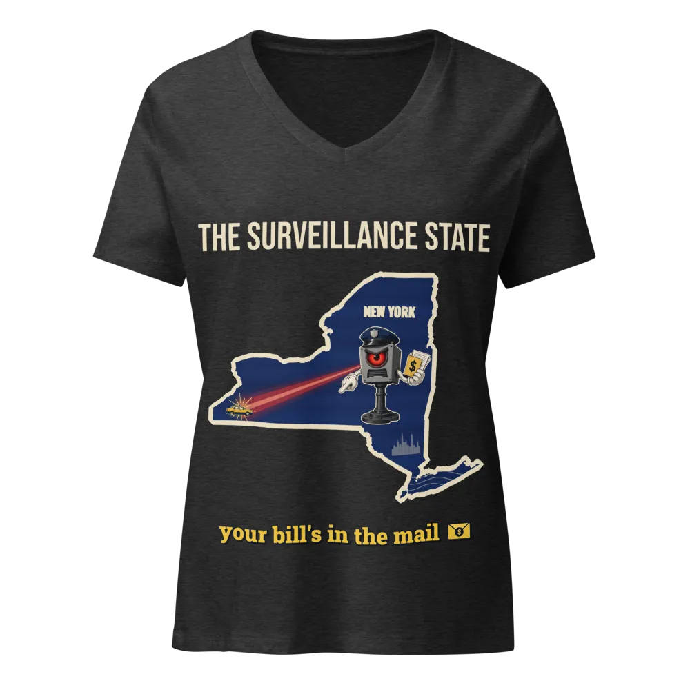 New York The Surveillance State Women's Tee on a Berry women's relaxed v-neck t-shirt