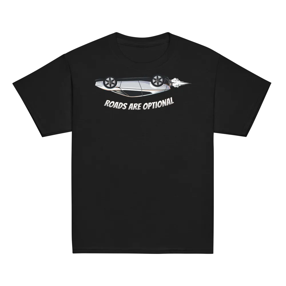 Roads Are Optional Flying Supercar on a Black youth classic tee