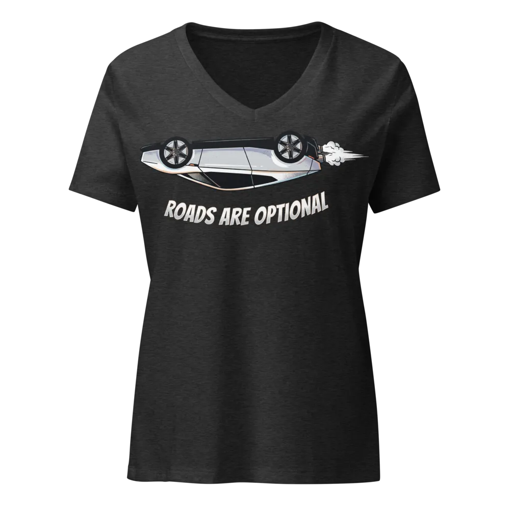 Roads Are Optional Flying Supercar Women's Tee on a Heather Navy women's relaxed v-neck t-shirt
