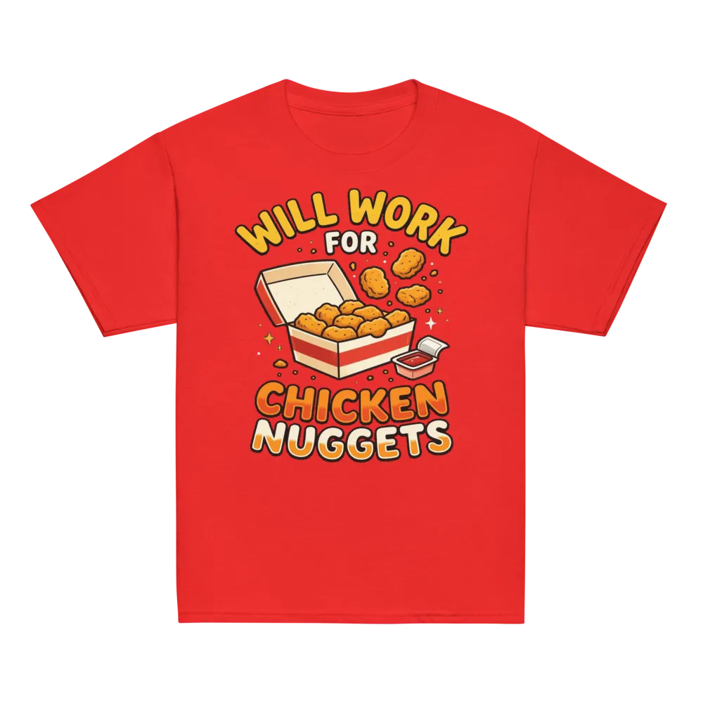 Will Work For Chicken Nuggets Kids Tee (Bright) on a Royal youth classic tee