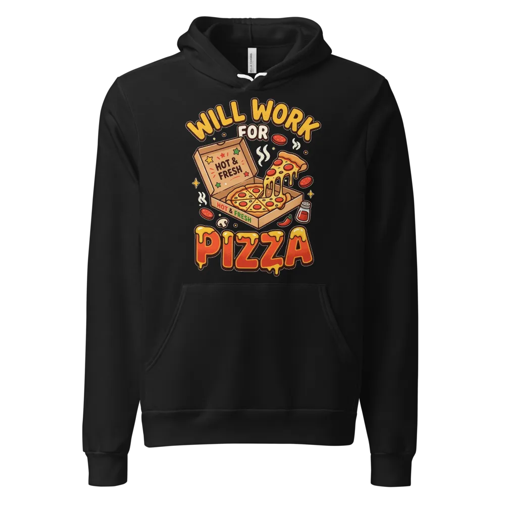 Will Work For Pizza on a Heather Forest unisex pullover hoodie