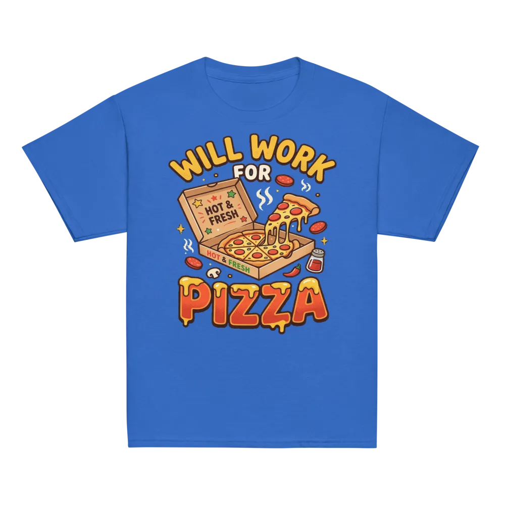 Will Work For Pizza Kids Tee (Bright Colors) on a Royal youth classic tee