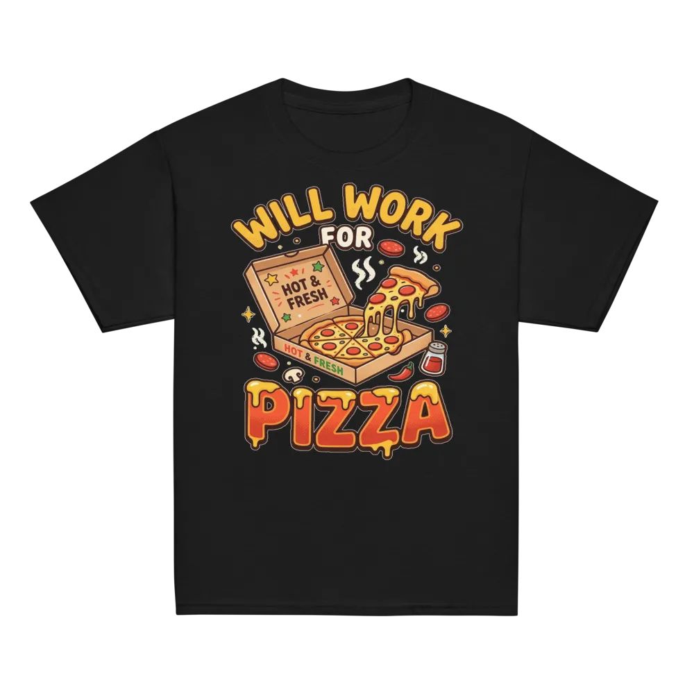Will Work For Pizza on a Charcoal youth classic tee