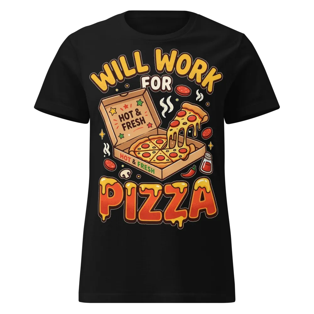 Will Work For Pizza Women's Tee on a Black women's basic softstyle t-shirt